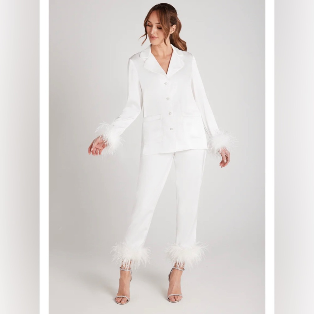 NADINE MERABI white satin pajamas with feathered sleeves